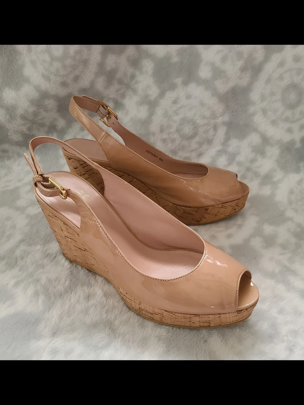Stuart Weitzman Nude Patent Peep-Toe Cork Wedge Slingback Heels Size 8 - Picture 9 of 12
